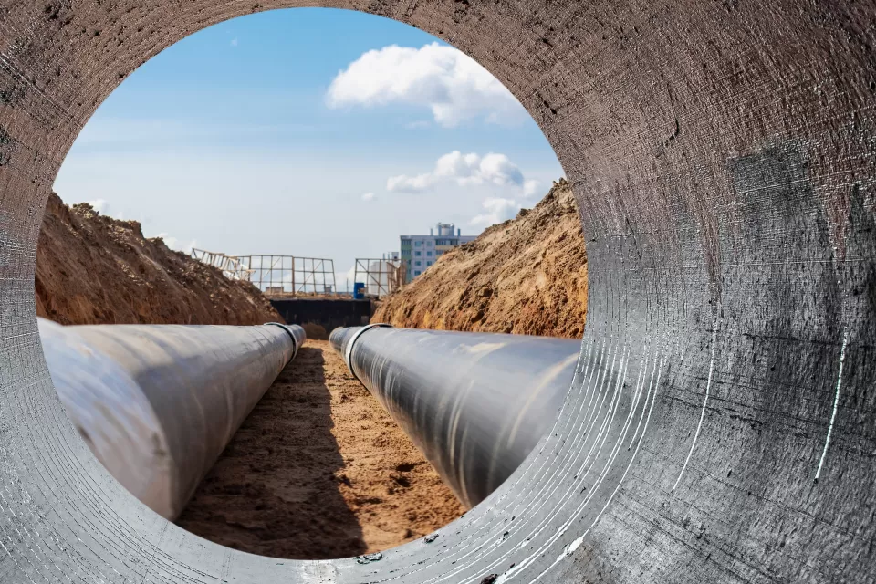 View from inside large wastewater pipe laid ina trench looking out at construction site
